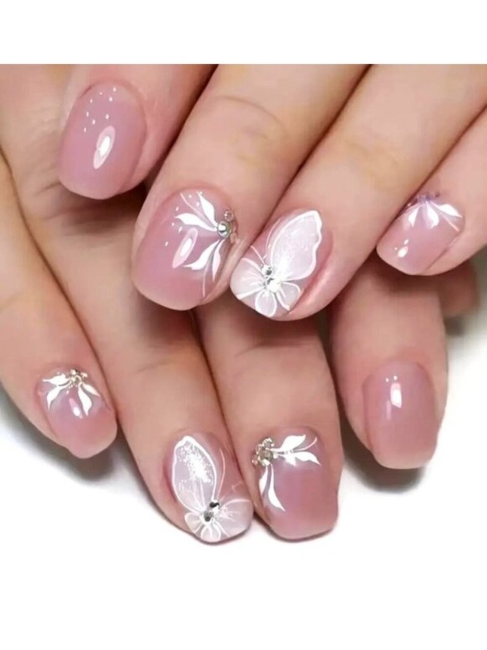 Fake Nails 24 Pink Rhinestone Press On Style Flowers Kit Glam Vacation Reusable